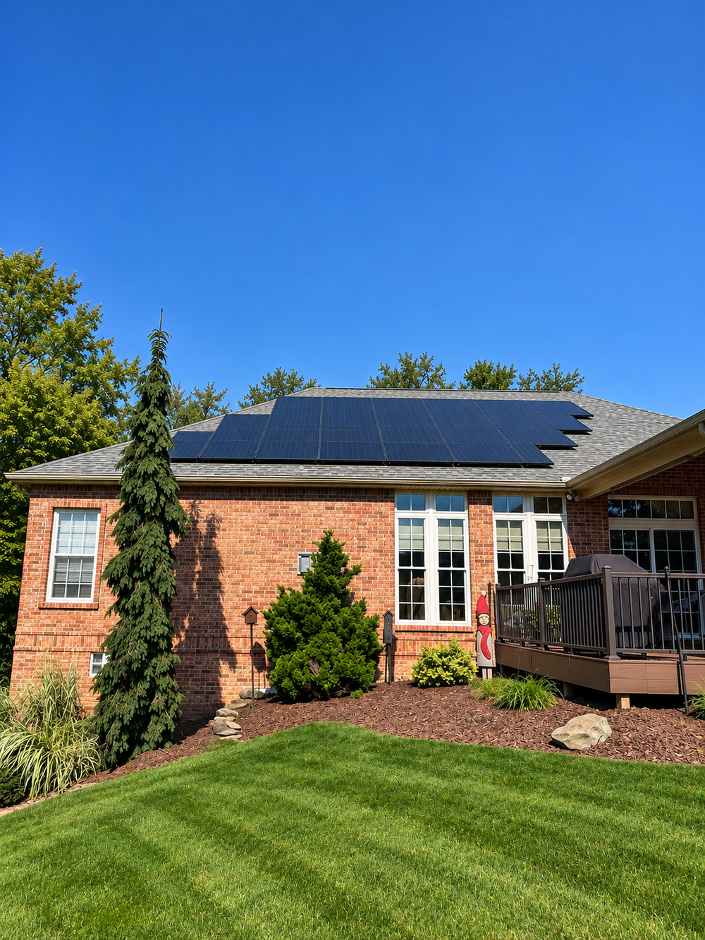 The same brick home with the solar array reinstalled across the roof