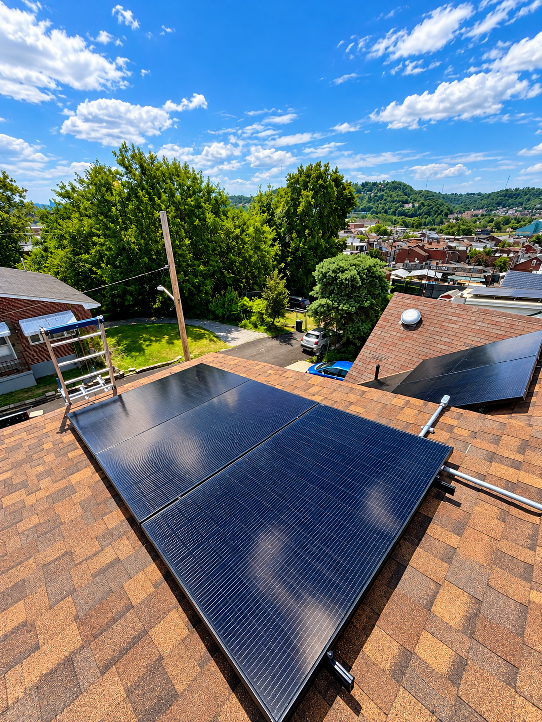 Rooftop view across several separate groups of solar panels on different roof sections
