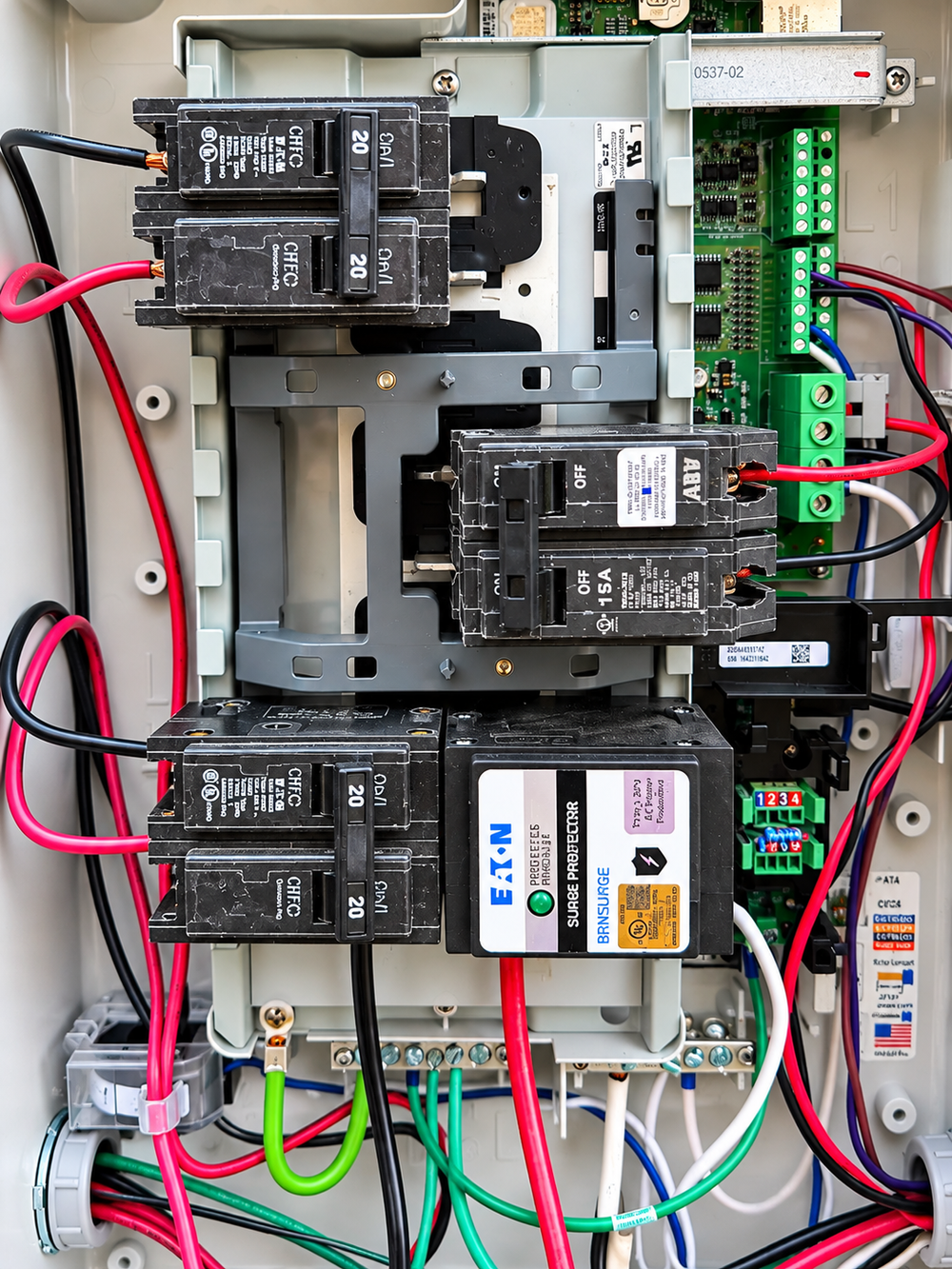 Close-up of breakers, surge protector and wiring inside a solar electrical enclosure