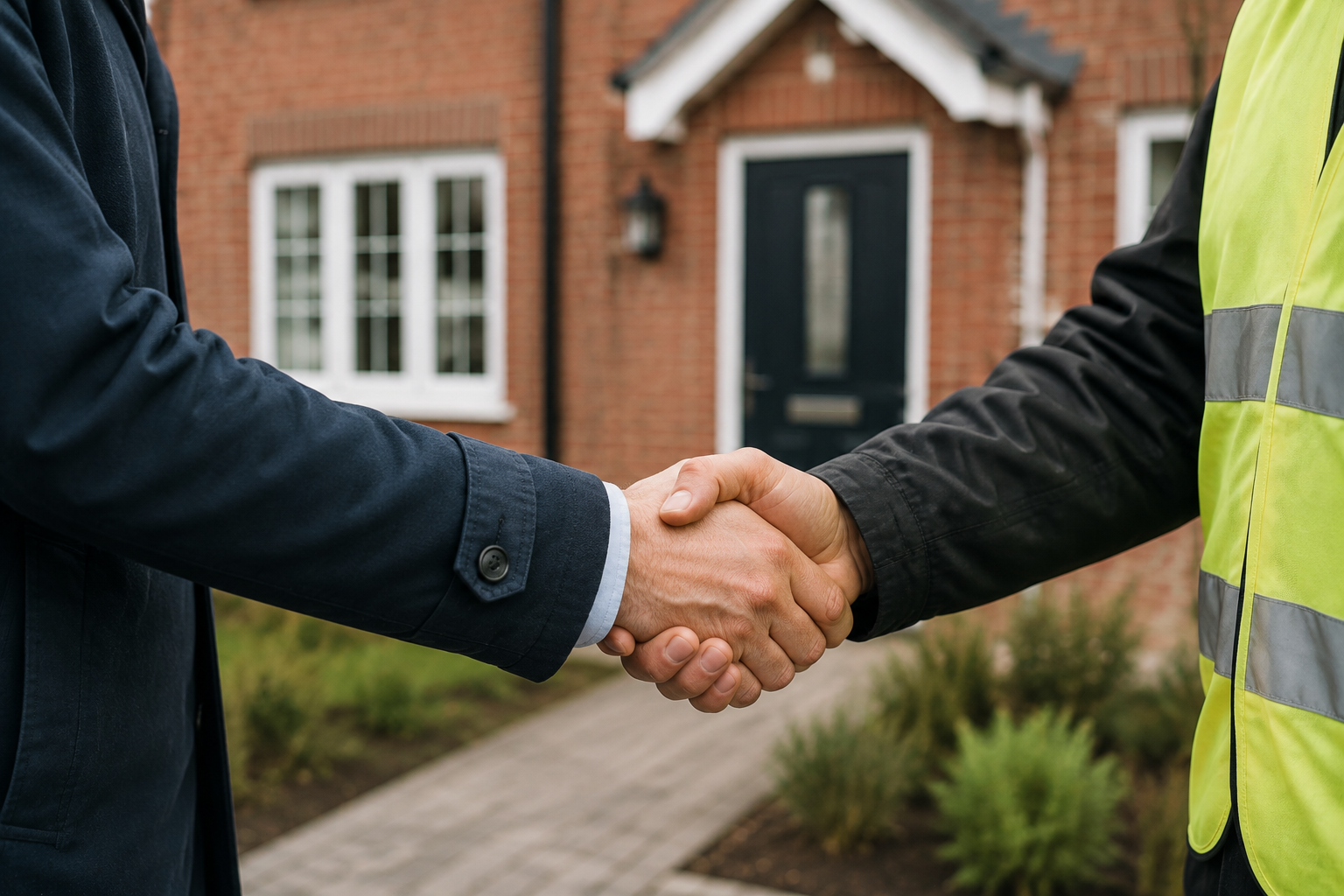 Two individuals shaking hands in front of a brick house, one wearing a dark suit and the other in a black jacket and neon safety vest.