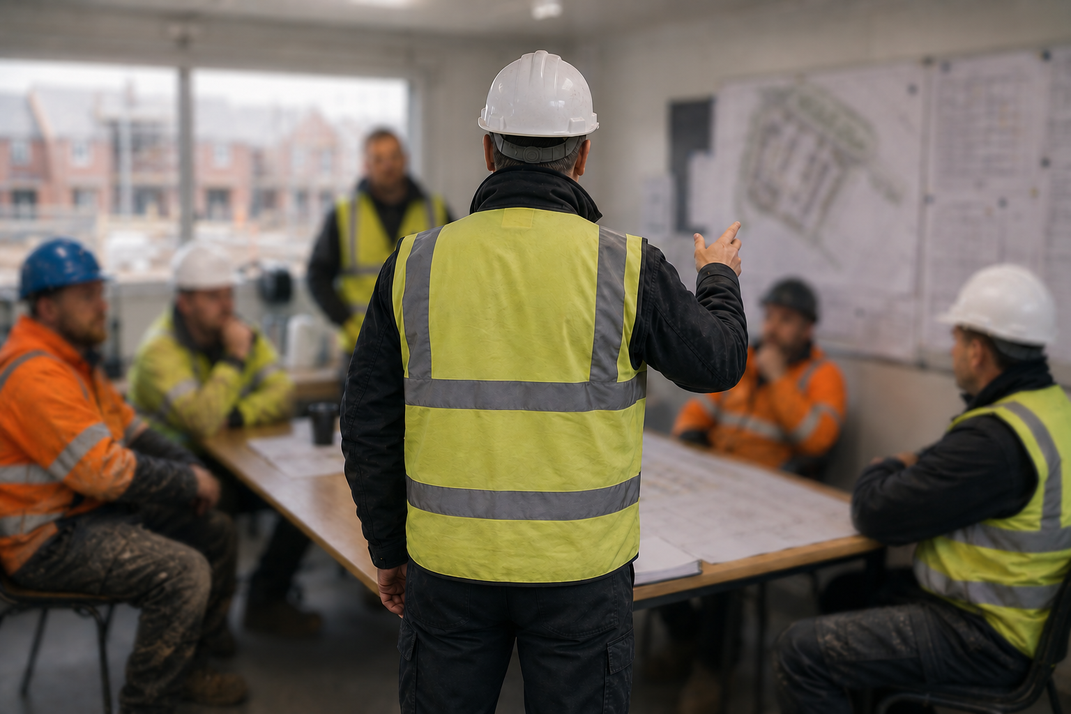 Construction workers in hard hats and safety vests discussing plans at a meeting in a building under construction.