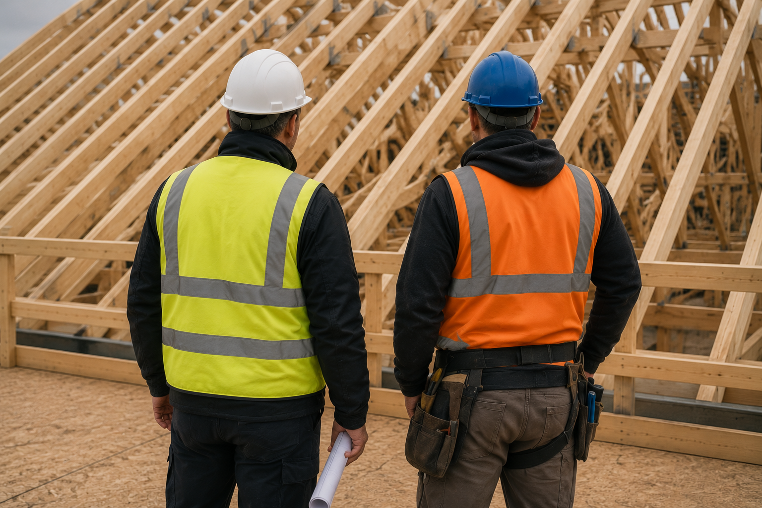 Building consultant checking timber roof trusses with a contractor