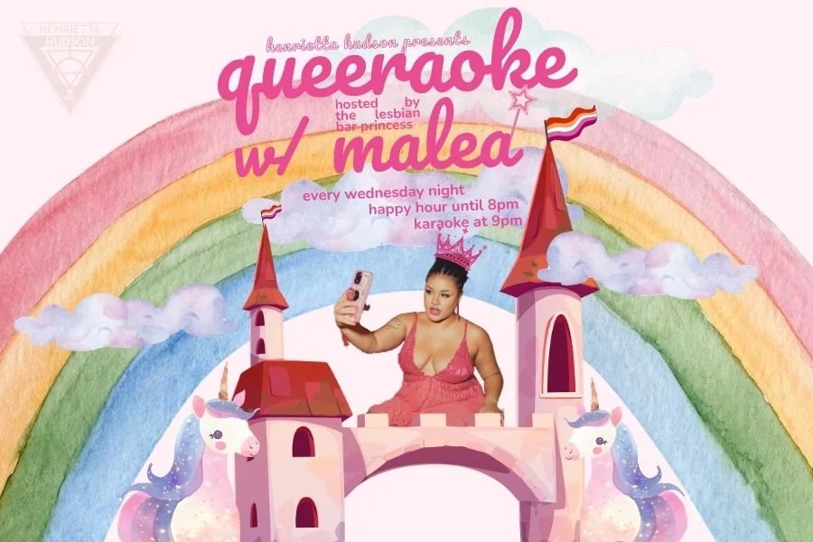 A colorful poster for a lesbian-themed karaoke night called 'Queeroke,' hosted by W. Male, featuring a woman taking a selfie inside a pink castle with rainbow and unicorn illustrations, and a rainbow background.