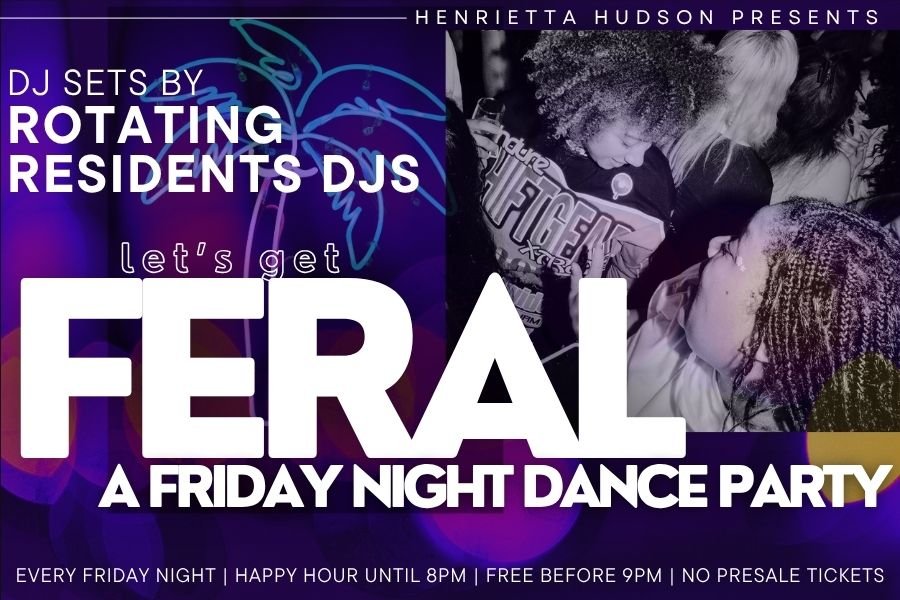 Promotional flyer for a Friday night dance party with DJ sets by Rotating Residents DJs, featuring a black and white photo of people dancing and socializing.