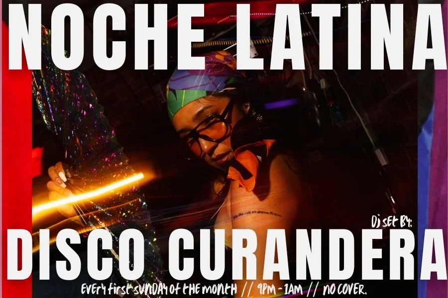 A woman with glasses and a colorful headwrap at a party, with bright lights and a DJ set in the background, promoting a Latin night disco event.