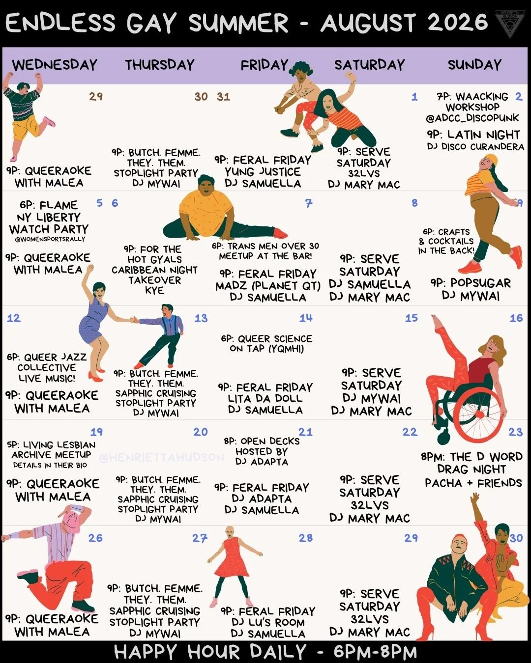 Monthly LGBTQ event calendar for August 2026 with illustrated diverse characters celebrating at various parties and events.