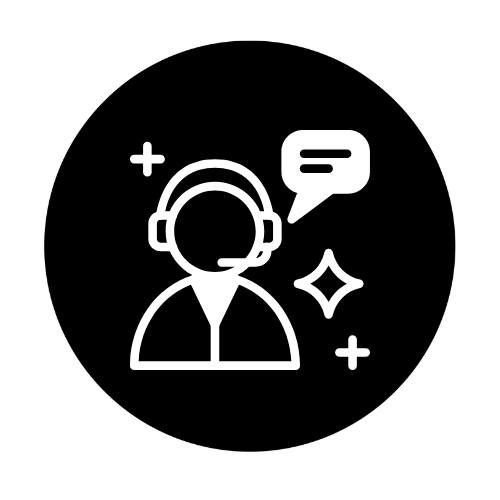 Icon of a customer service representative wearing headphones with a speech bubble above their head, surrounded by stars and plus signs.