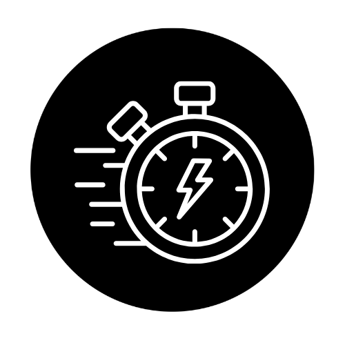 Icon of a stopwatch with a lightning bolt symbol inside, indicating speed or quick power, on a black background.