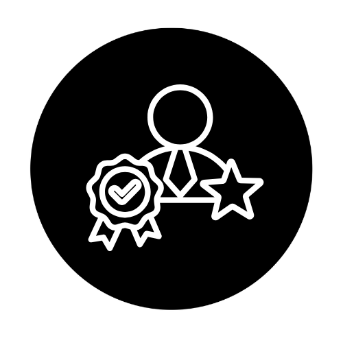 An icon of a person with a tie, a star, and a checkmark badge, representing achievement or certification.