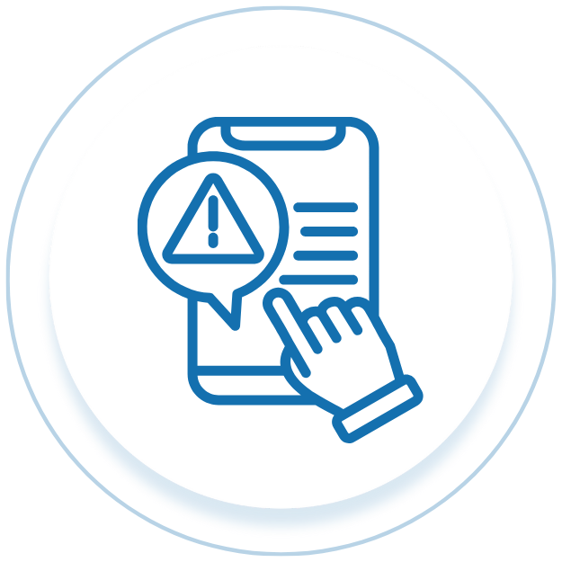Icon of a smartphone with a warning sign and a hand pointing to the screen