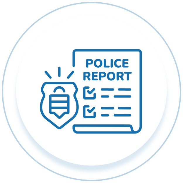 Icon representing police report and badge on a blue background.