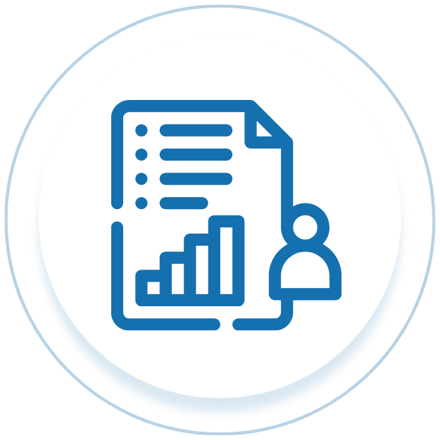 Icon of a document with a bar graph and a user silhouette, representing data analysis or reporting.