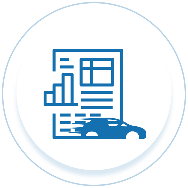 Icon of a car in front of a document with bar and line graphs, representing automotive data or reports.