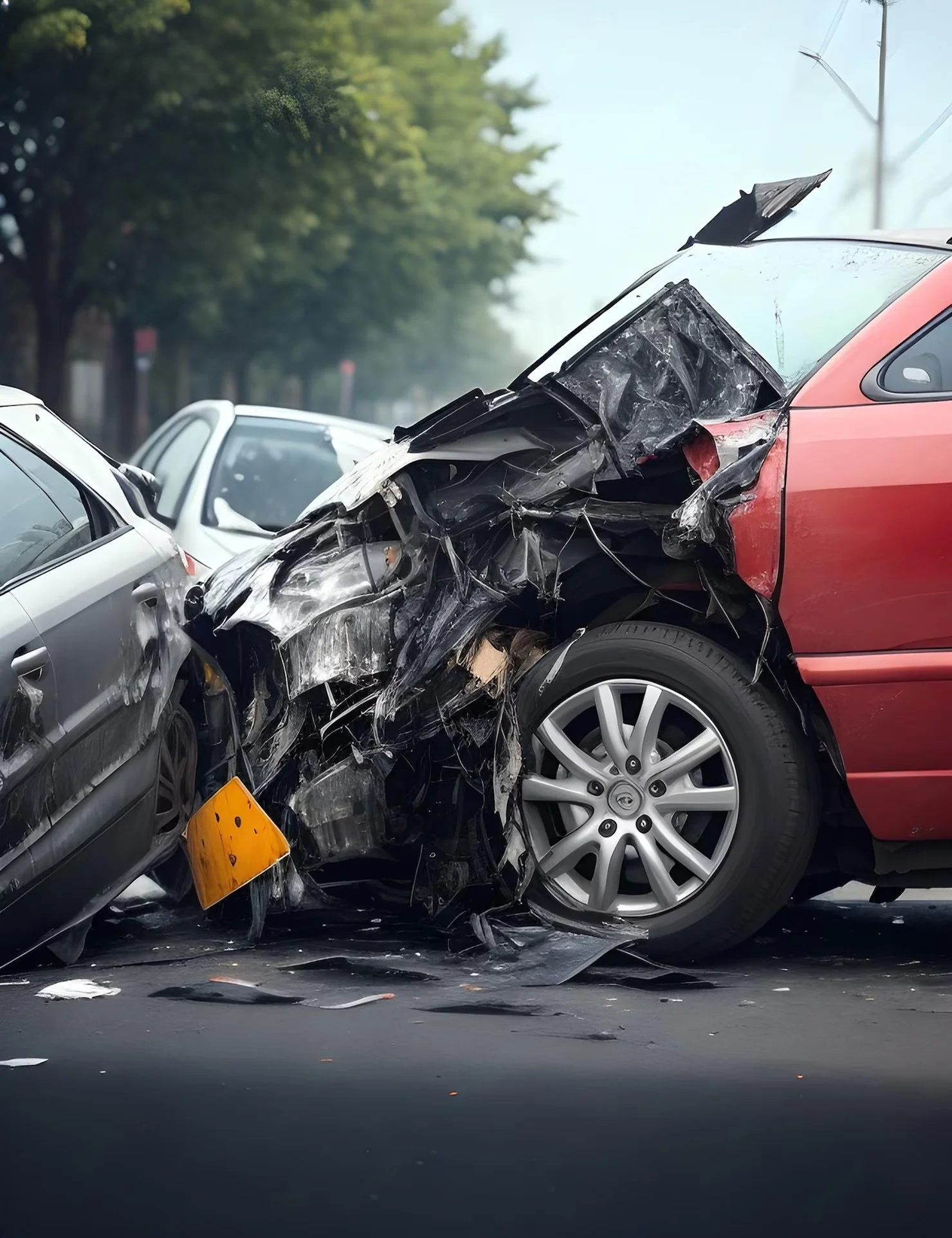 Two cars involved in a head-on collision with extensive front-end damage and debris on the road.