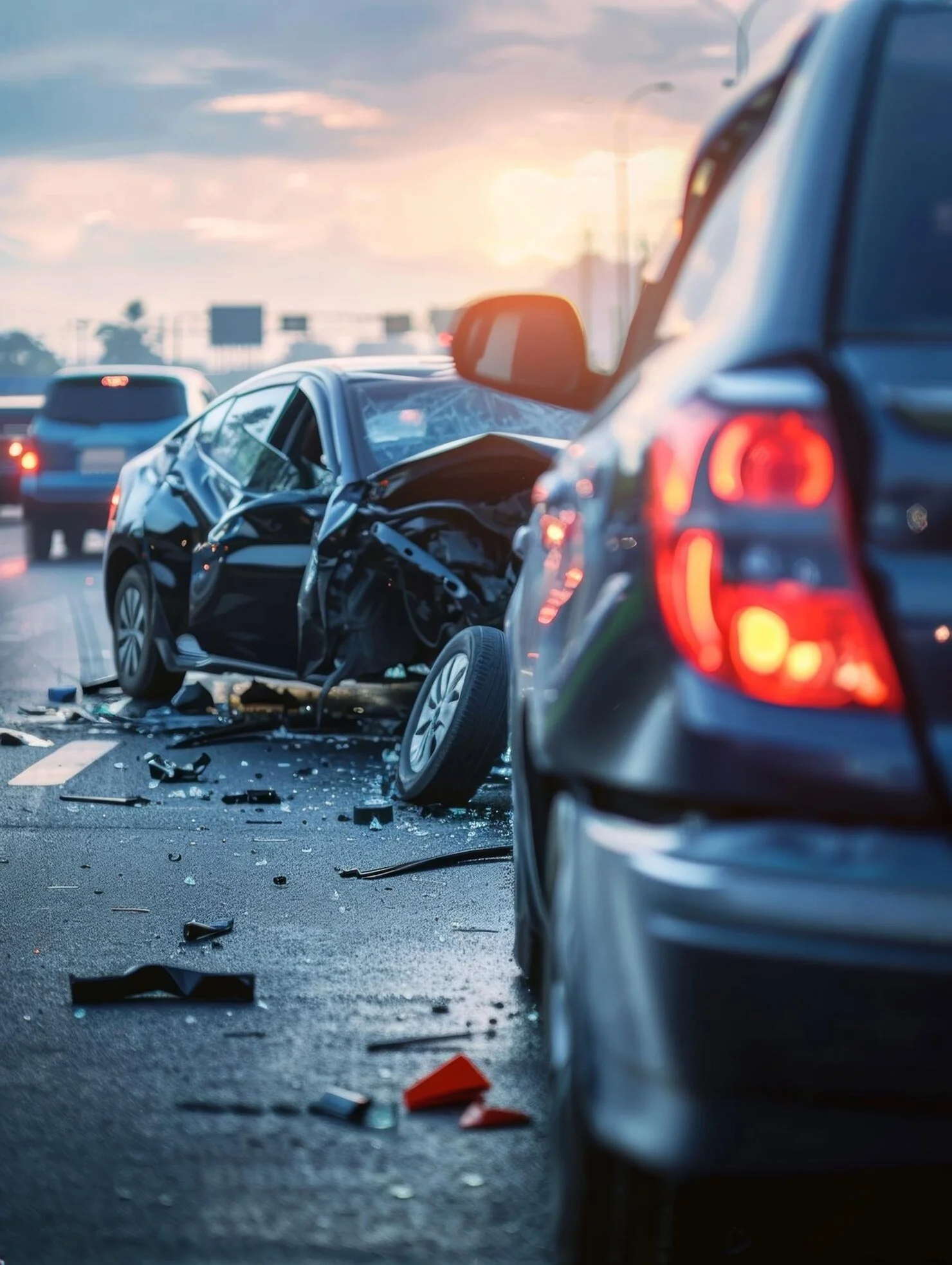 Two cars involved in a collision on a highway with debris on the road, during sunset.