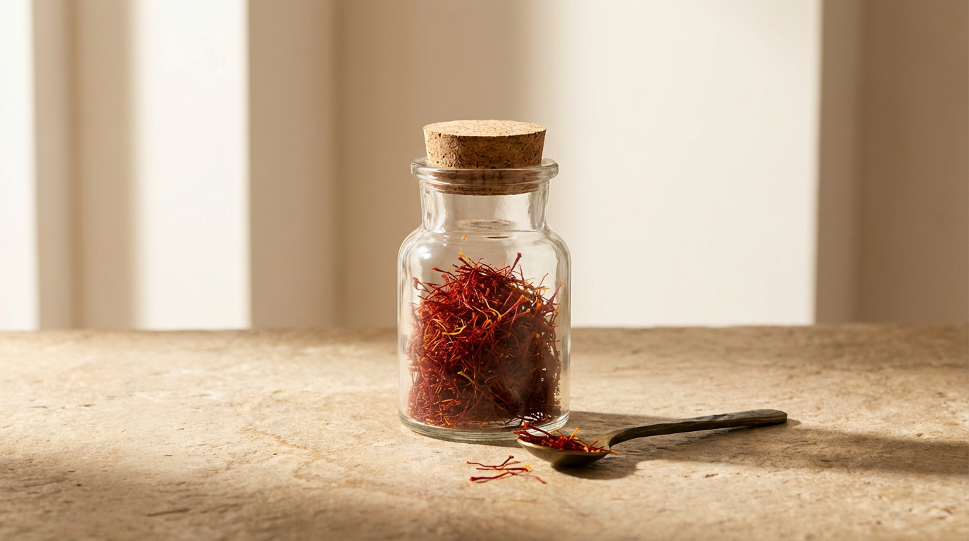 A glass jar with a cork lid containing red saffron threads, some threads on a spoon next to the jar on a wooden surface.