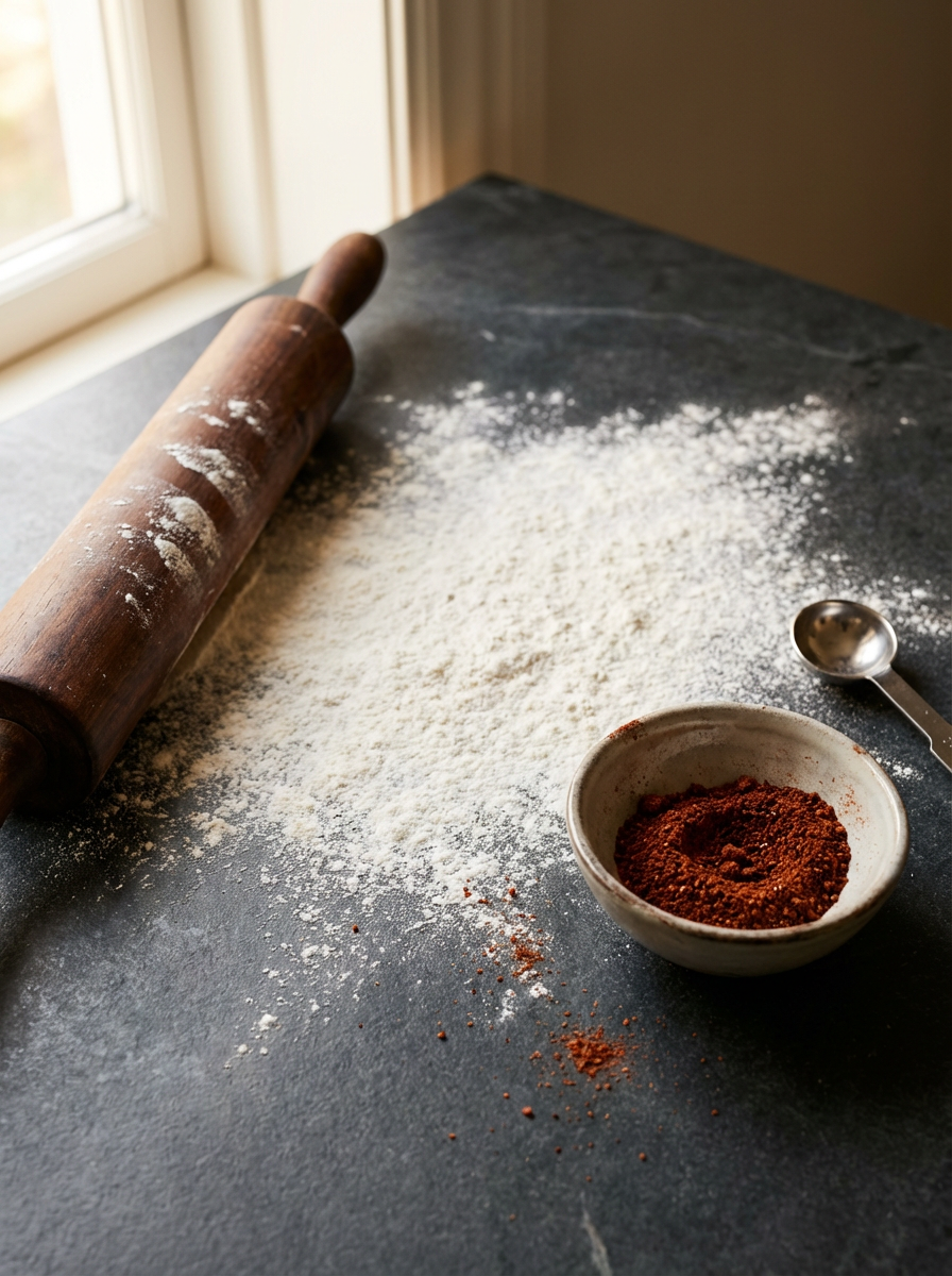 A kitchen countertop with a flour-covered rolling pin, a small bowl of red spice, and a measuring spoon near a window.
