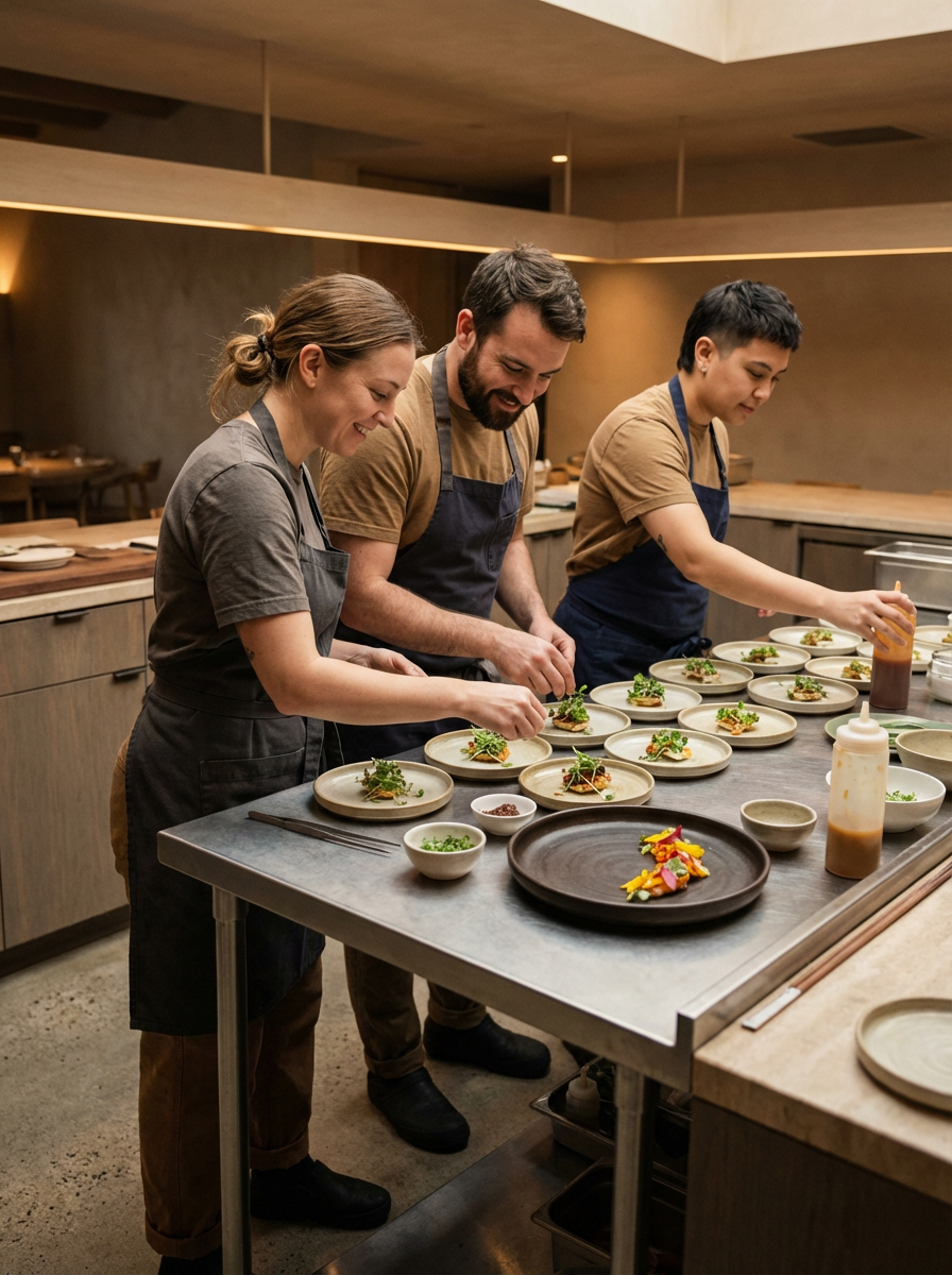 Three chefs preparing dishes in a professional kitchen, plating appetizers with garnishes on small plates.