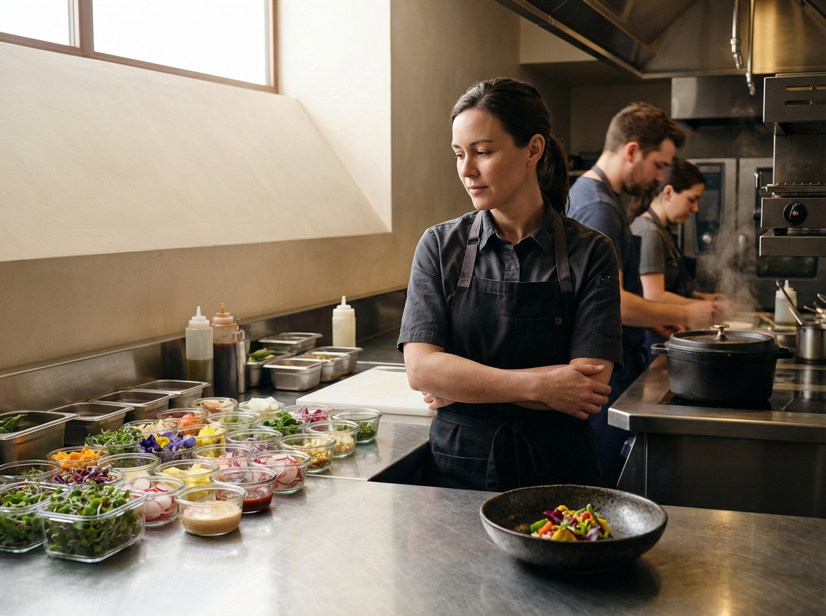 A woman in a kitchen with other chefs, standing with arms crossed, looking at a variety of colorful salads and ingredients on the counter.