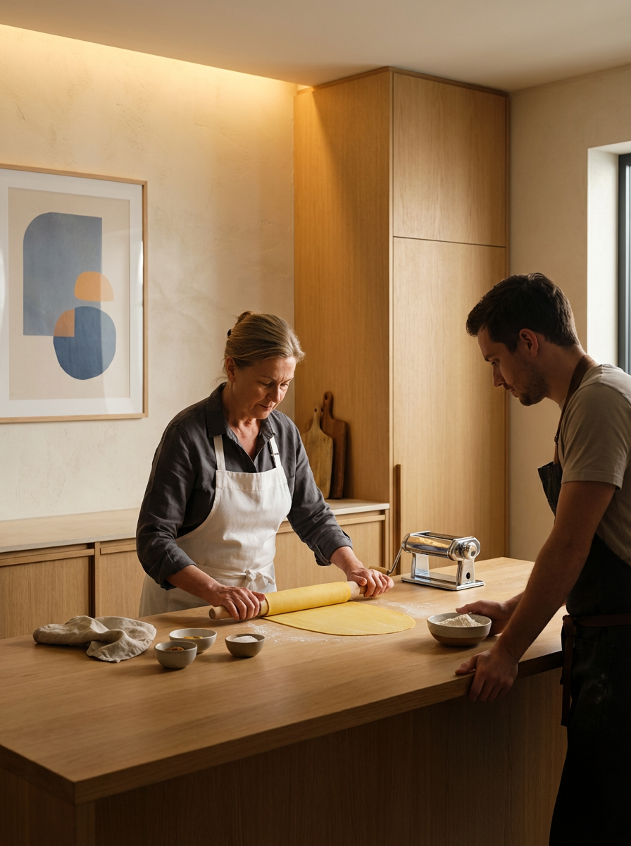 A woman and a man in a kitchen preparing pasta dough on a wooden counter.