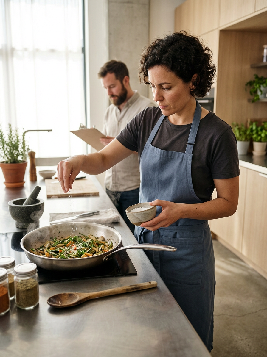 Woman adding seasoning to a stir-fry in a skillet in a modern kitchen, man in the background holding a clipboard