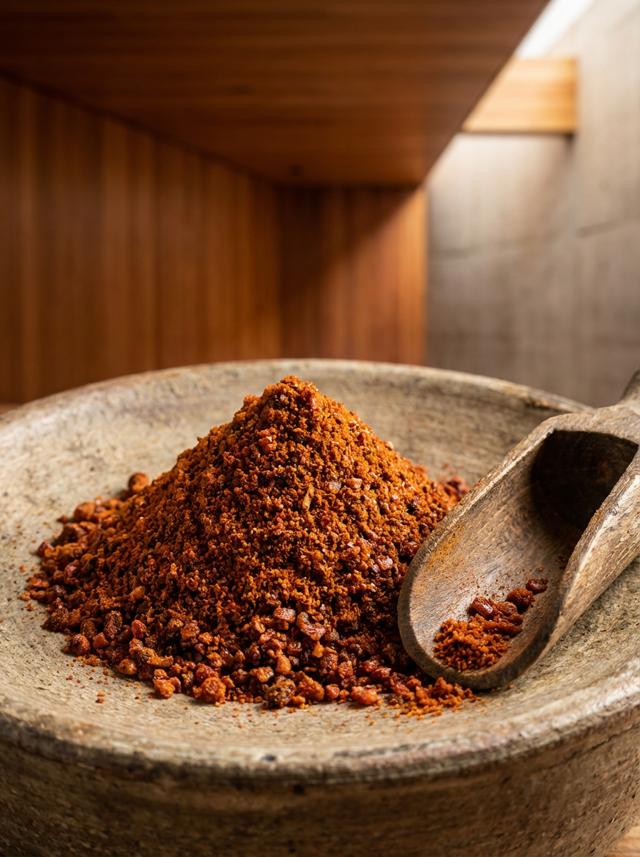 Close-up of a mound of ground spices in a rustic bowl, with a scoop resting inside, in a cozy wooden and concrete interior.