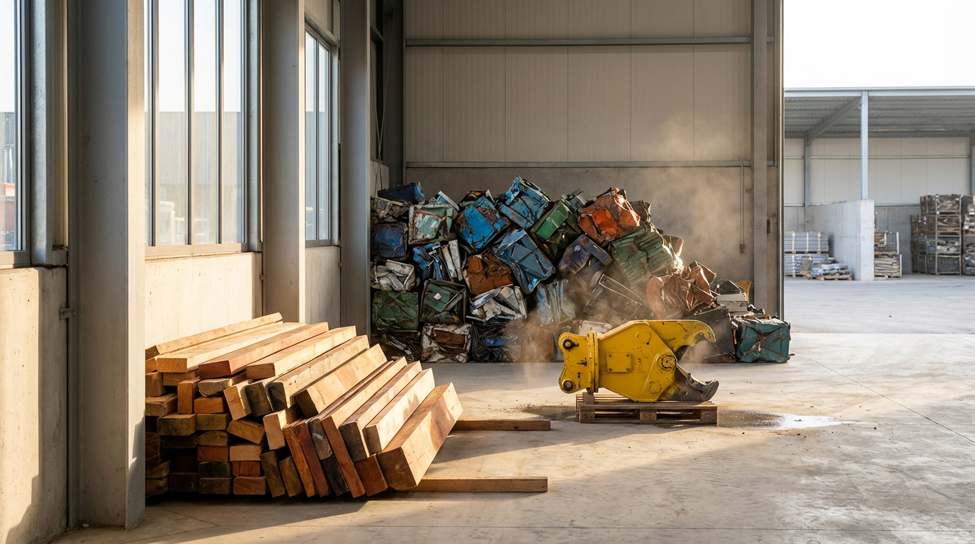 Inside a warehouse with a pile of metal scrap, a stack of wooden planks on the floor, and a yellow hydraulic cutter in use on the concrete floor.