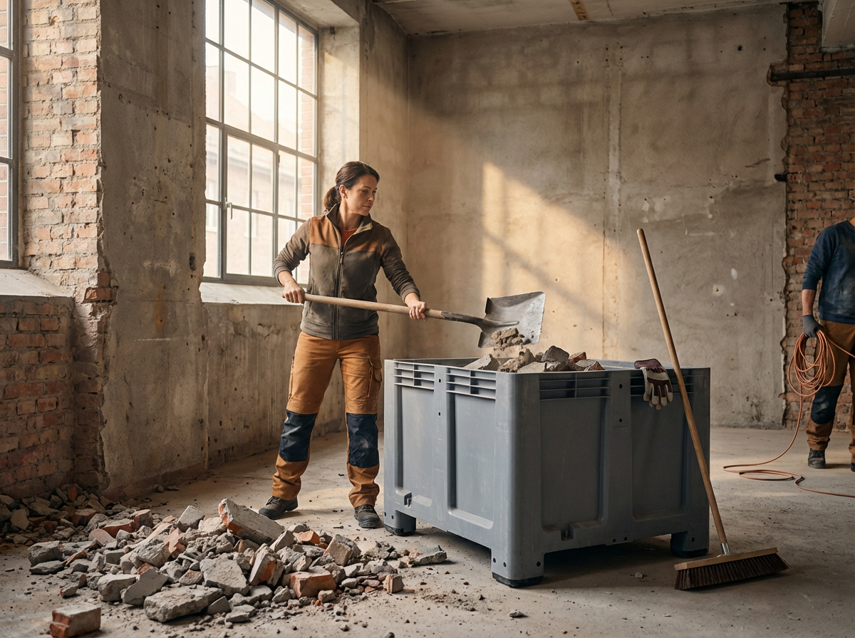 A woman wearing work gloves and brown pants with blue patches shovels debris into a large gray container inside an unfinished room with brick and concrete walls and large windows.
