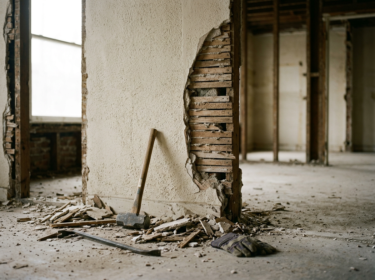 Interior of a building under renovation with a partially demolished wall, debris on the floor, a hammer leaning against the wall, a crowbar, and work gloves on the ground.