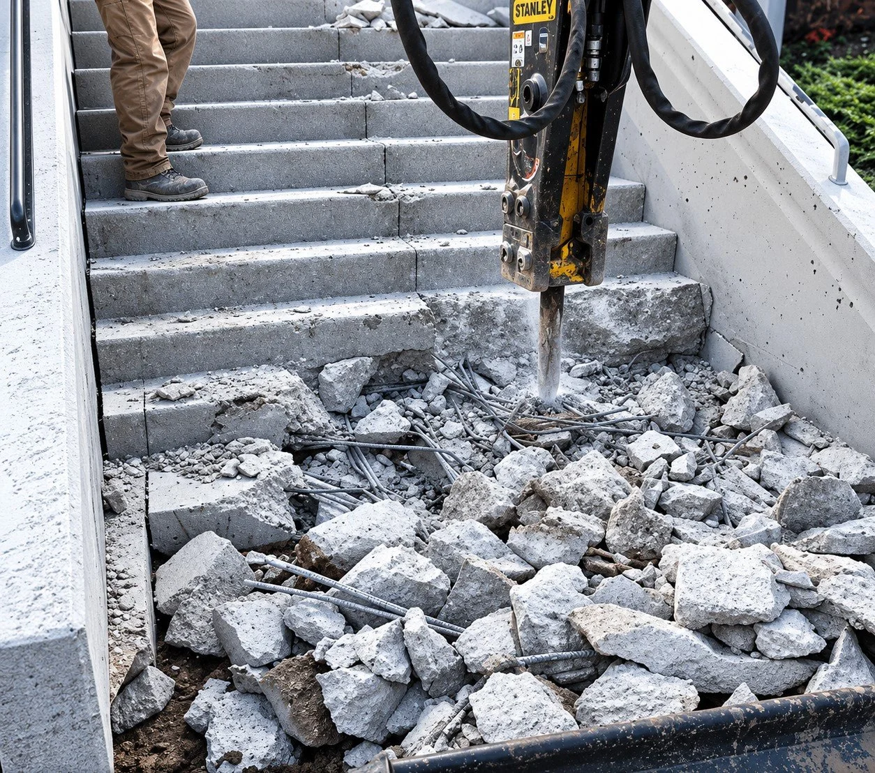Construction worker using a hydraulic jackhammer to break concrete on stairs, with rubble and rebar scattered below.