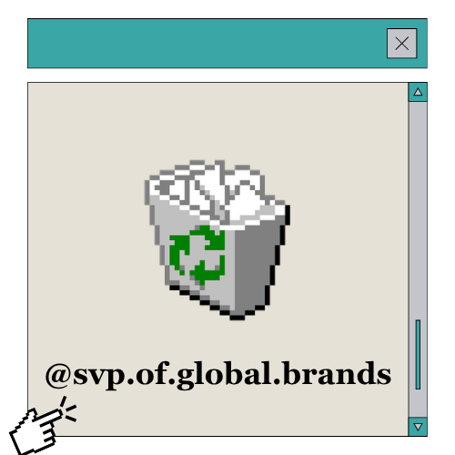 Pixel art image of a trash can with a recycling symbol, inside a computer window with scroll bar, text '@svp.of.global.brands' below.