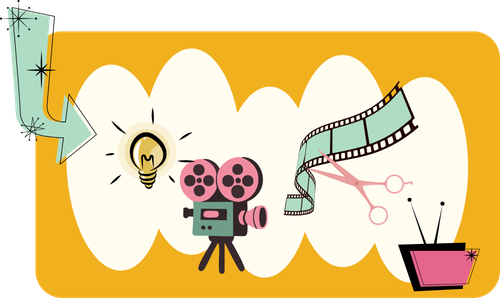 Cartoon illustration of filmmaking equipment, including a light bulb, film reel, film strip, scissors, and a television with an antenna.