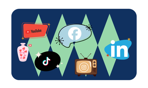 Digital illustration of social media logos including YouTube, Facebook, LinkedIn, TikTok, Instagram, and a vintage television, on a dark blue background with green geometric shapes.