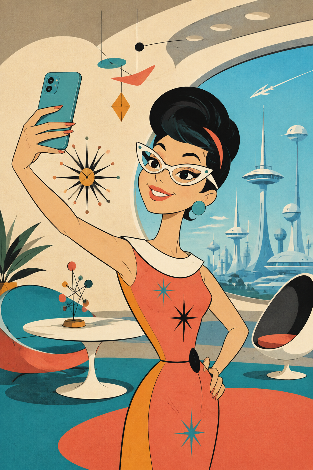 A woman with short black hair, wearing vintage white cat-eye glasses, a red dress with starburst patterns, and turquoise earrings, taking a selfie with a smartphone. The background features a futuristic cityscape with tall, slender buildings and a large window, decorated with mid-century modern furniture and decor.