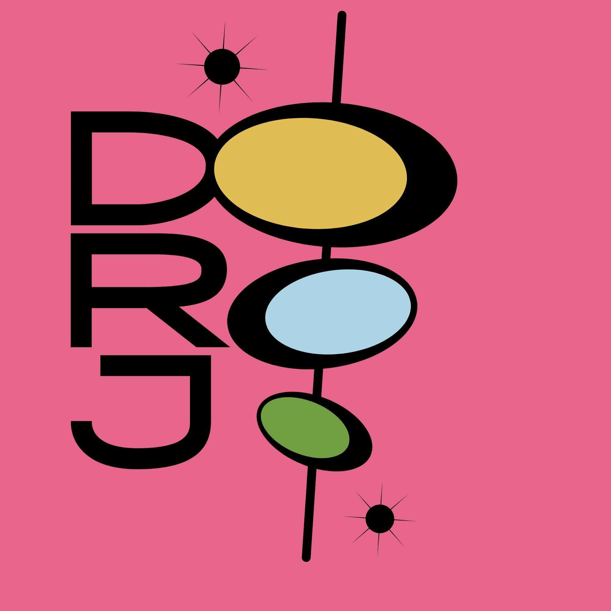 Retro-style abstract graphic with letters B, R, E, and O in black, yellow, blue, and green on a pink background, and starburst accents.