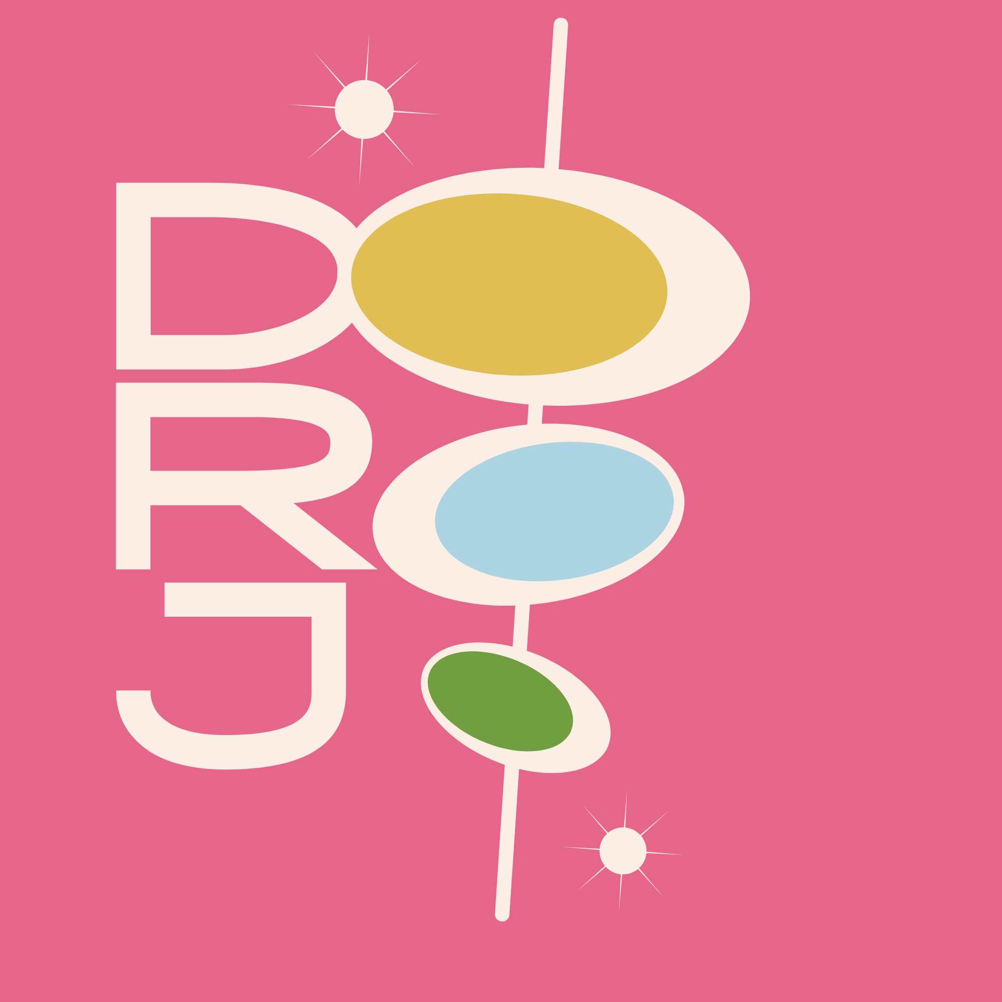 Abstract graphic design featuring large, uppercase pink letters and colorful ovals on a pink background.