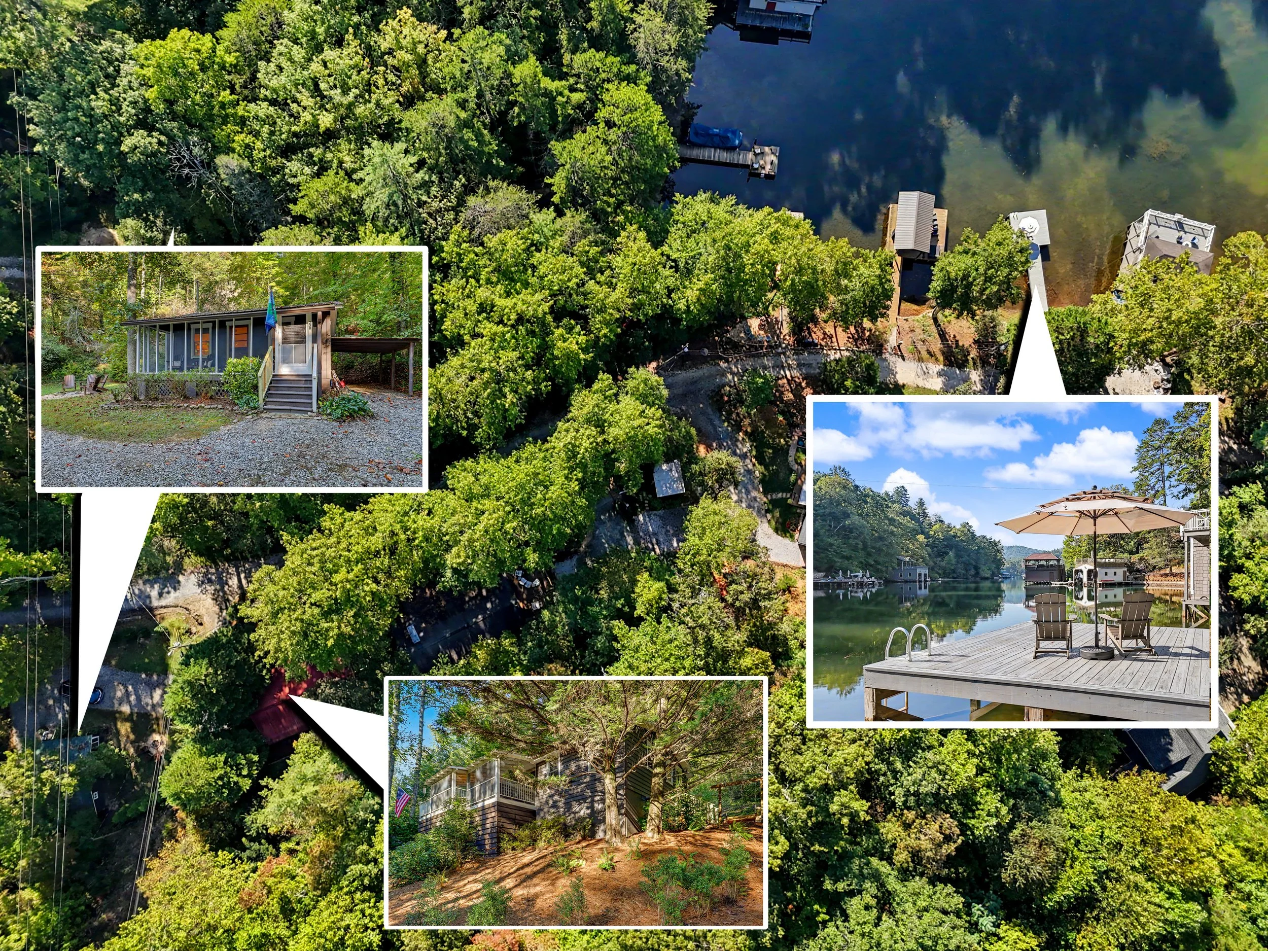 Aerial view of the Cove Cottages at Lake Burton with green trees, houses, docks, and boats, including an inset of both the Main and Guest Cottages in proximity to the Perrin Cove dock access.