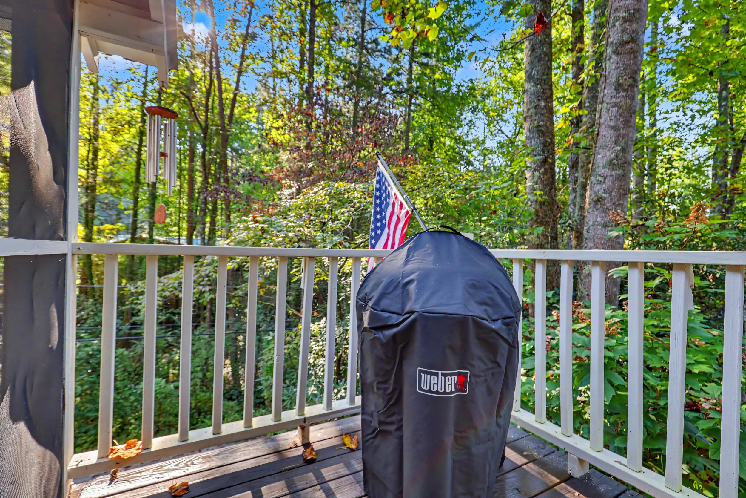 Lake Burton cabin rental with back deck featuring a Weber grill covered with a black cover, an American flag, and a view of green trees and blue sky.