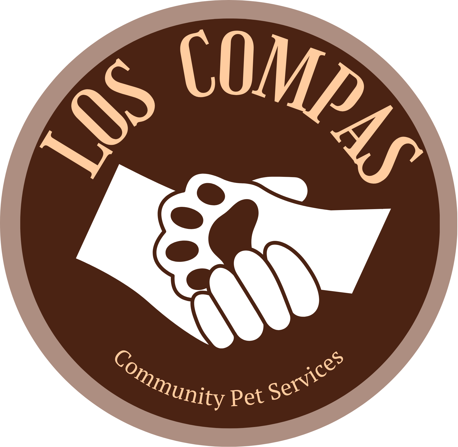 A white cartoon image of a hand holding a paw on a round, dark reddish-brown background. Beige text along the top and bottom reads "Los Compas Community Pet Services"