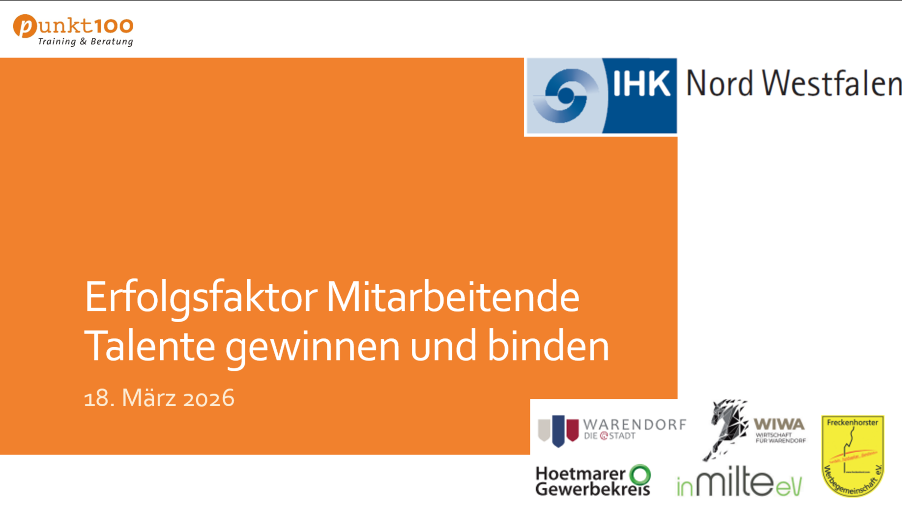 Titelbild eines Präsentationsfolien mit orangefarbenem Hintergrund, das das Thema 'Erfolgsfaktor Mitarbeitende: Talente gewinnen und binden' am 18. März 2026 behandelt, inklusive Logos von verschiedenen Organisationen