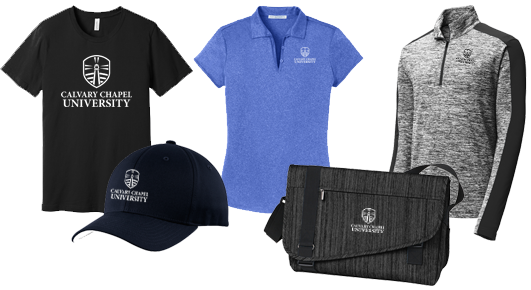 Calvary Chapel University apparel, cap and messenger bag.