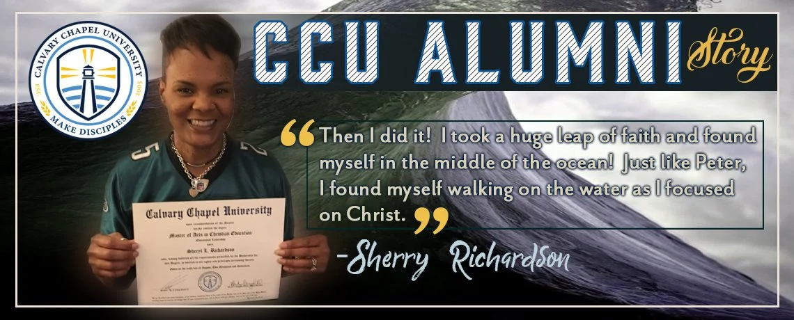 Sherry Richardson holding her Calvary Chapel University diploma — original alumni story artwork