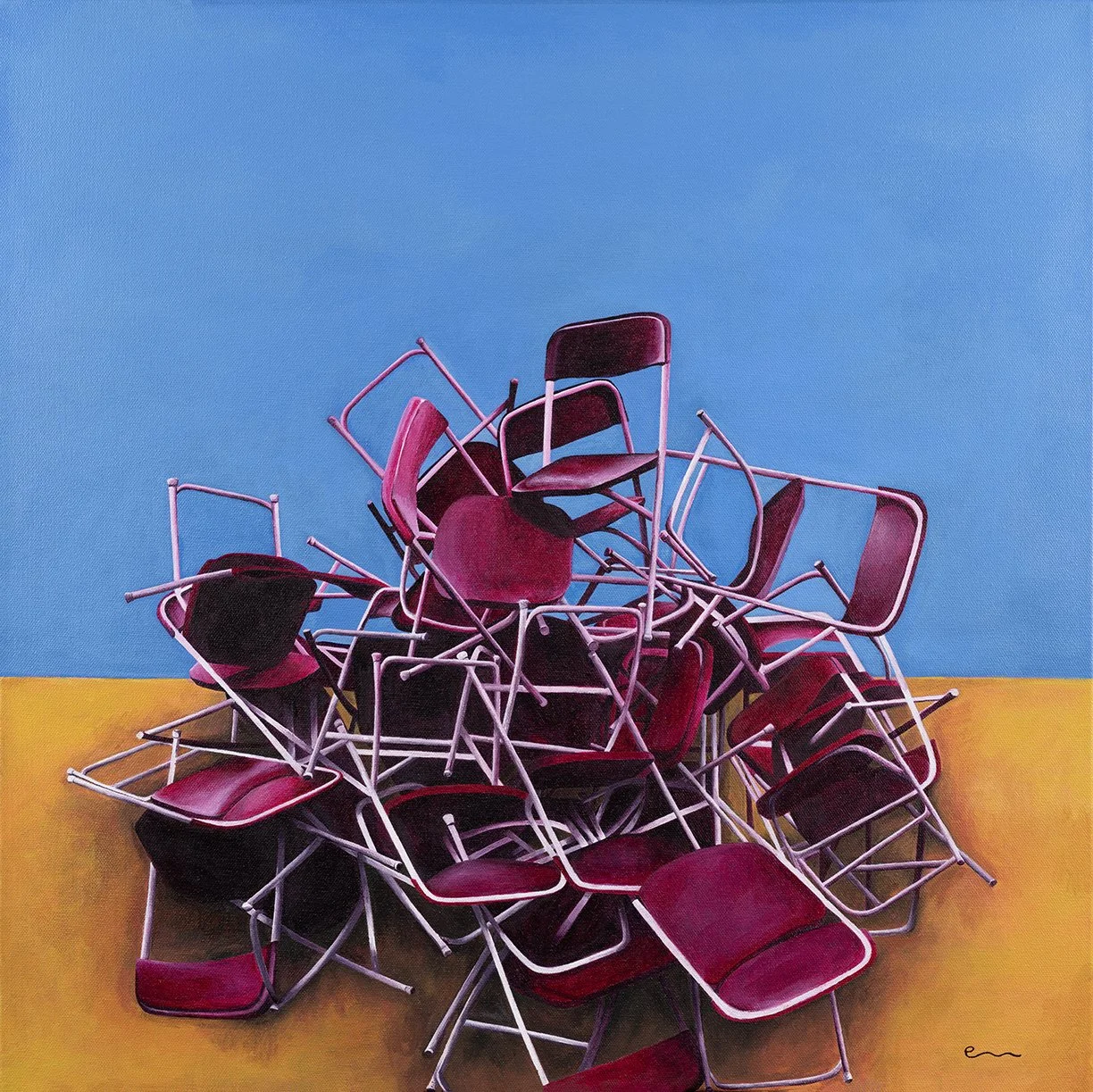 A pile of red chairs with white frames on a yellow floor against a blue background.