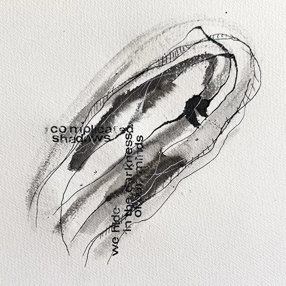 Abstract black and gray ink watercolor with layered sketch lines and text overlay.