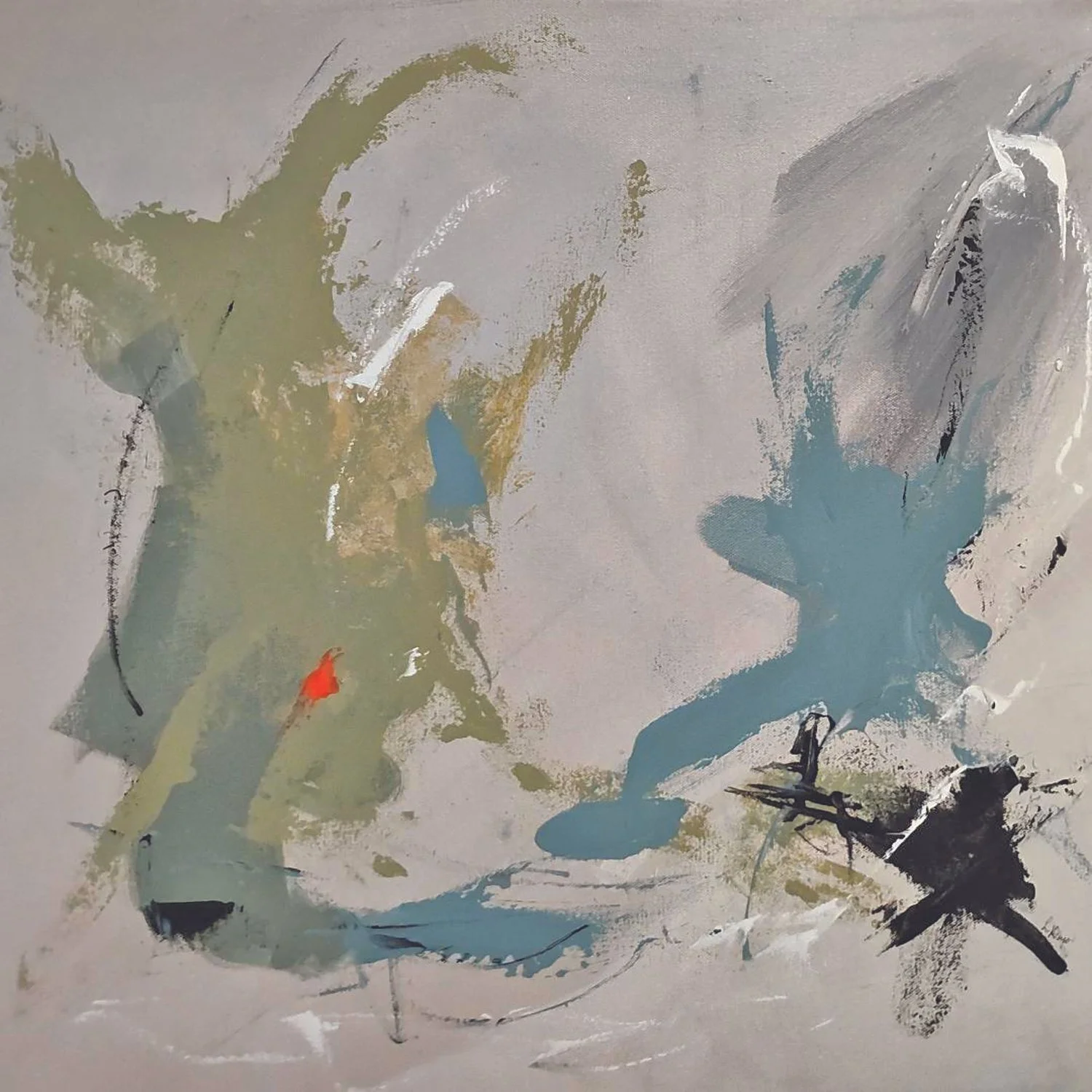 Abstract modern painting with splashes and strokes of various colors including blue, black, white, beige, and hints of orange, on a light background.