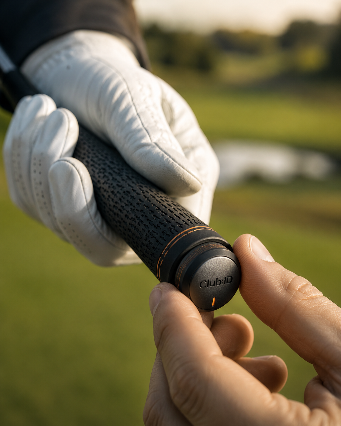 A person wearing a white golf glove is holding a golf club with a black grip labeled 'club:ID'. The background is a natural outdoor setting with grass and blurred trees.
