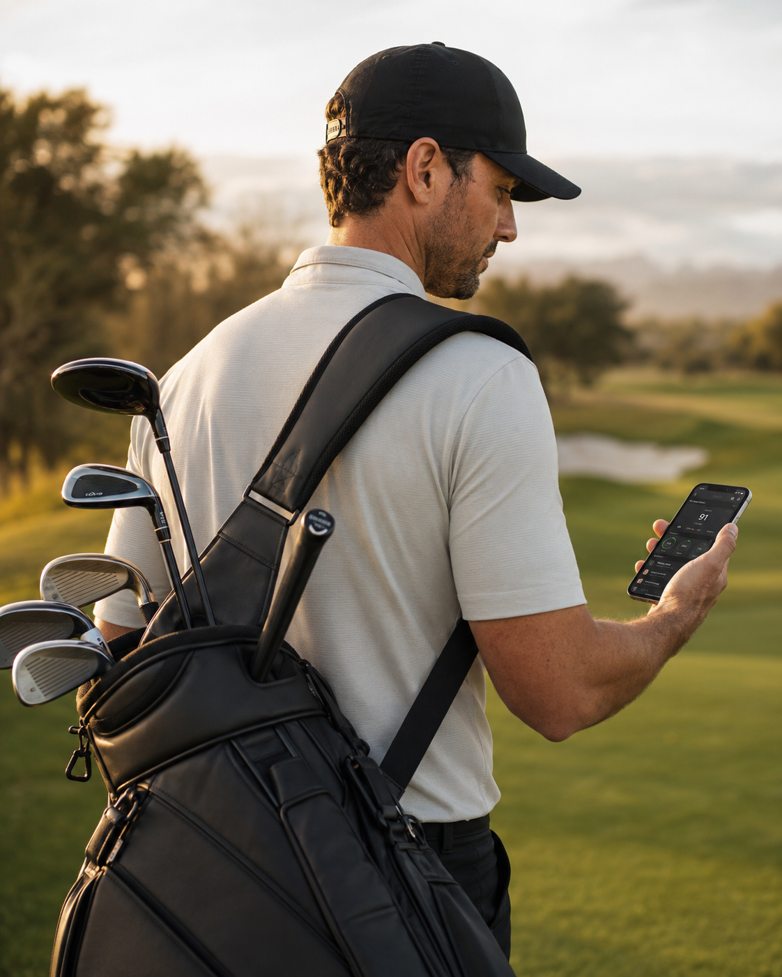 A man on a golf course looking at a smartphone with a golf score displayed, carrying a golf bag with clubs, wearing a white polo shirt and a black cap at sunset.
