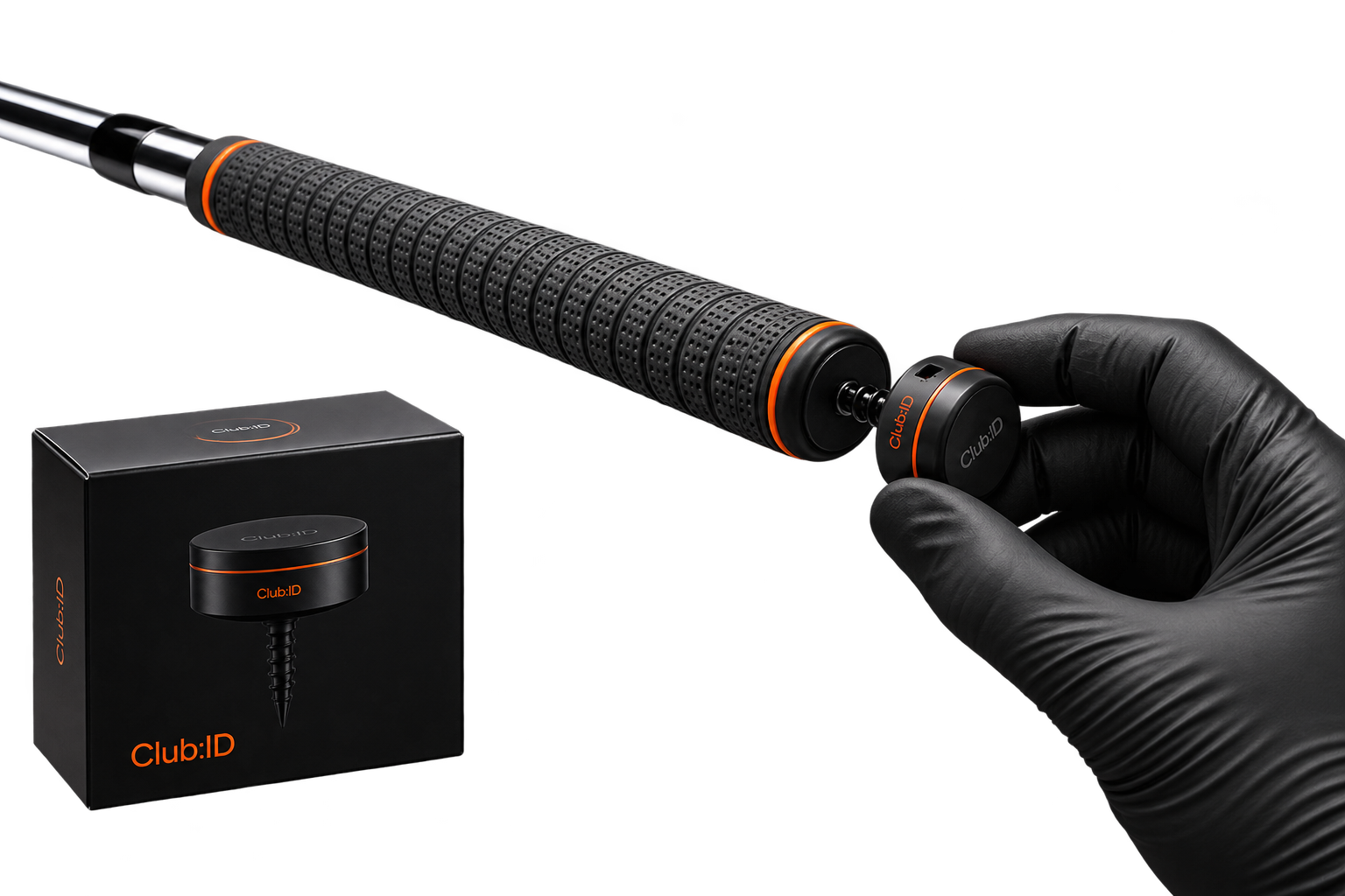 A person wearing black gloves holding a small black device with orange accents labeled 'Club:ID' near the end of a textured golf club grip. A black box with similar labeling and an illustration of the device and screw is nearby.