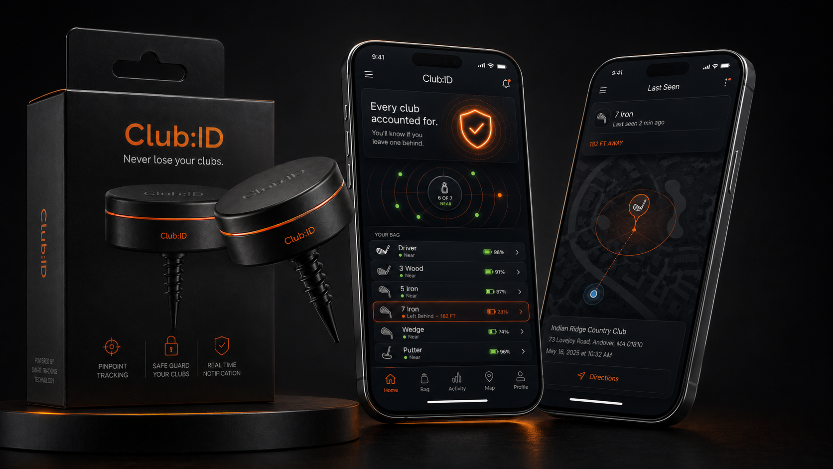 Golf club tracking device and app on smartphone screens showing club locations and distances.