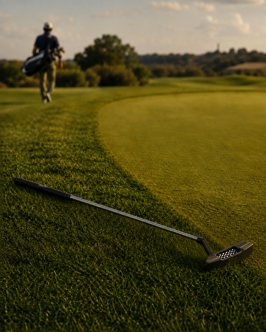 A golf club lying on the grass near a golf green with a golfer walking away in the distance.